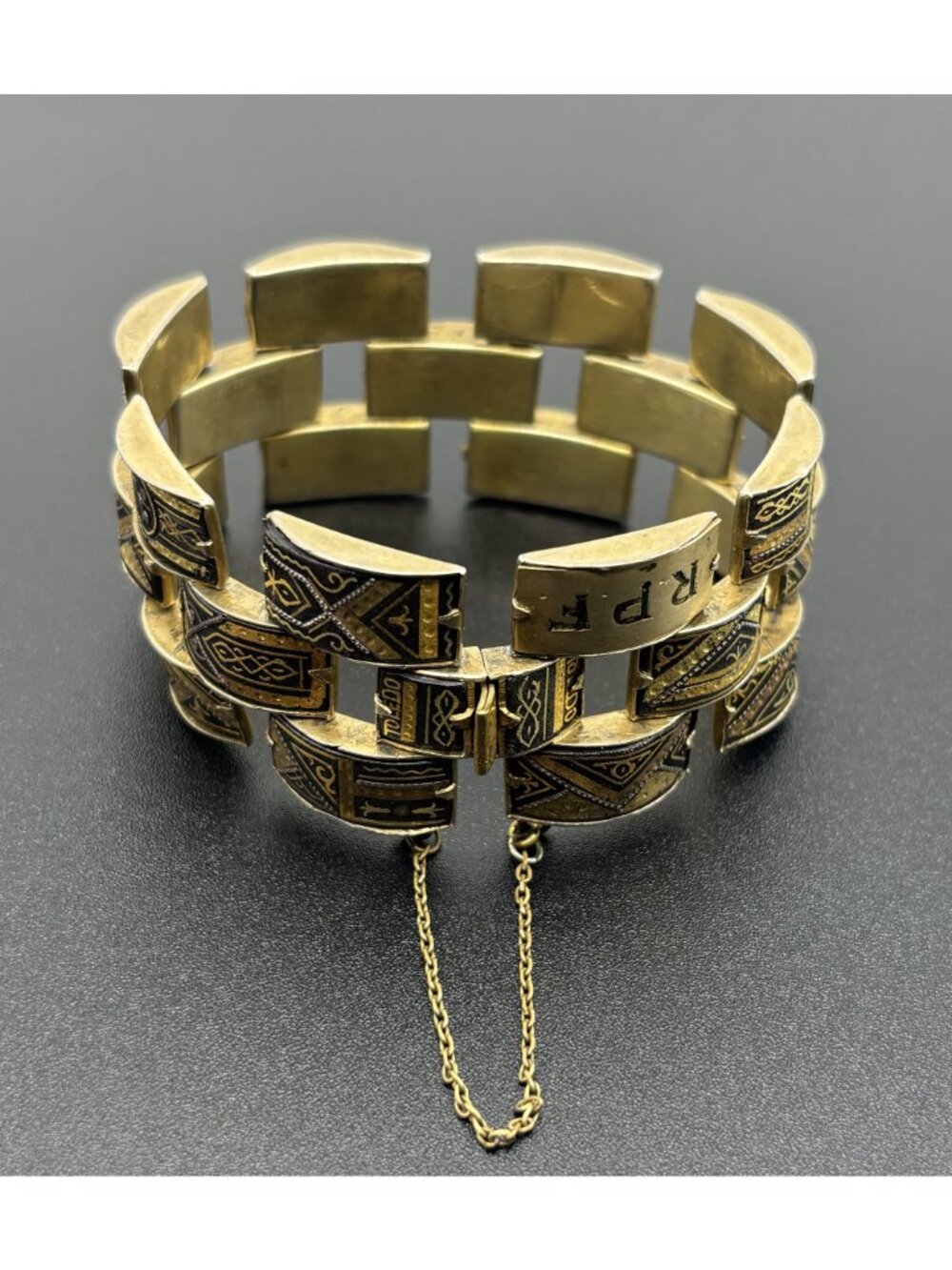 Vintage Damascene Bracelet With Initials Three Rows of Articulated Links, Signed - Picture 16 of 16
